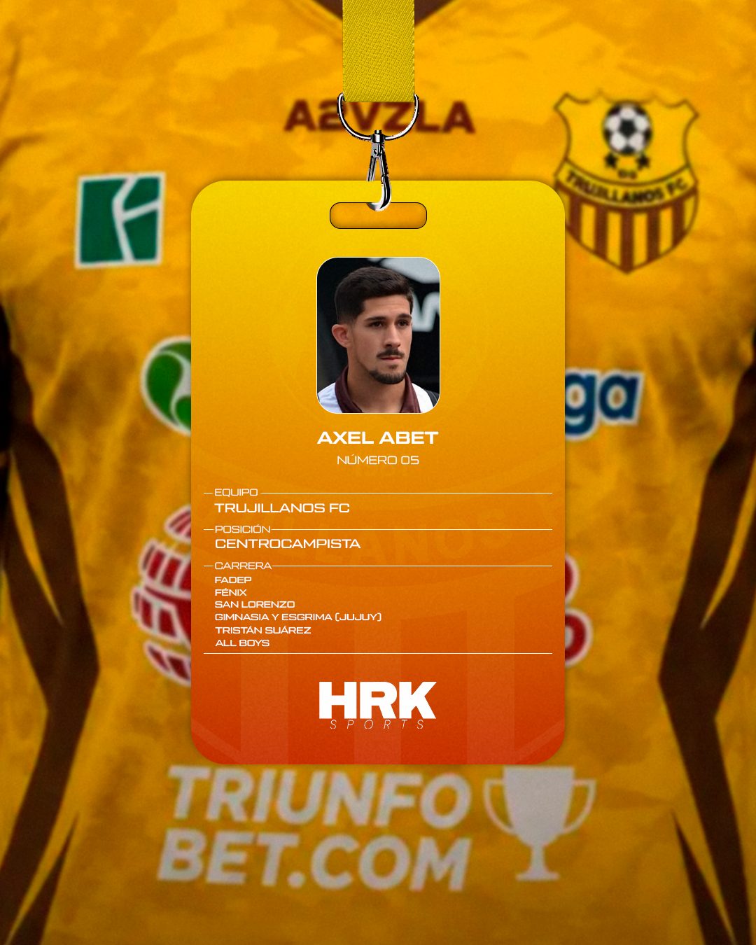 Credencial de Axel Abet, número 05, centrocampista de Trujillanos FC