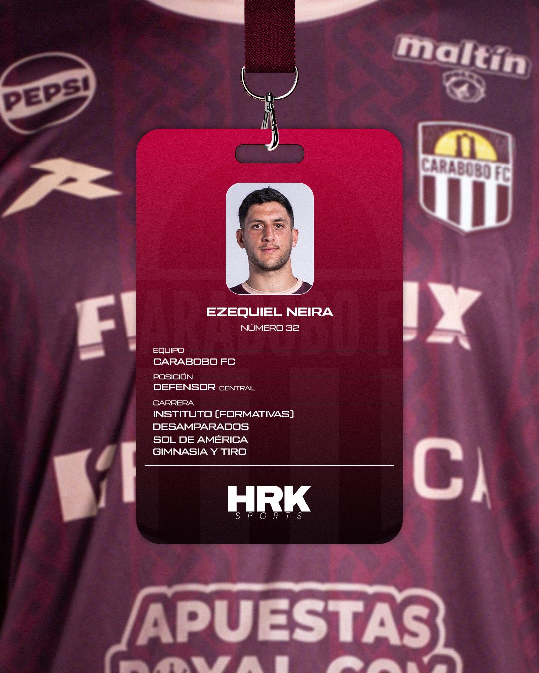 Credencial de Ezequiel Neira, número 32, defensor central de Carabobo FC