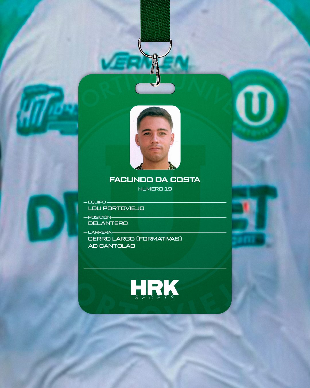 Credencial de Facundo Da Costa, número 19, delantero de LDU Portoviejo