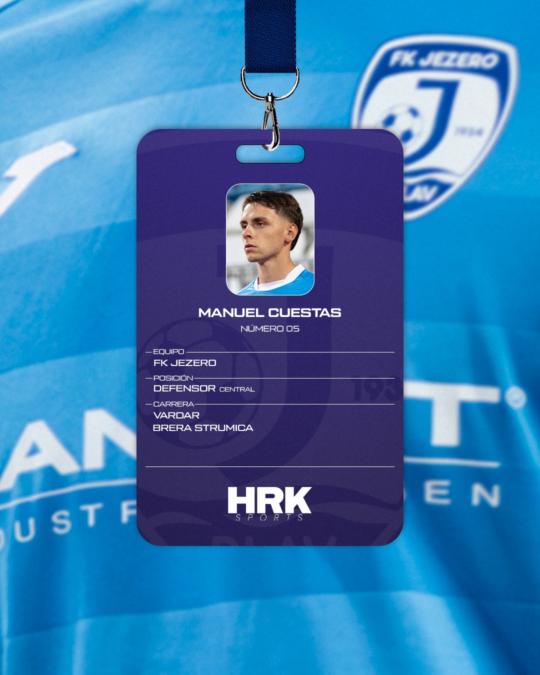 Credencial de Manuel Cuestas, número 05, defensor central de FK Jezero