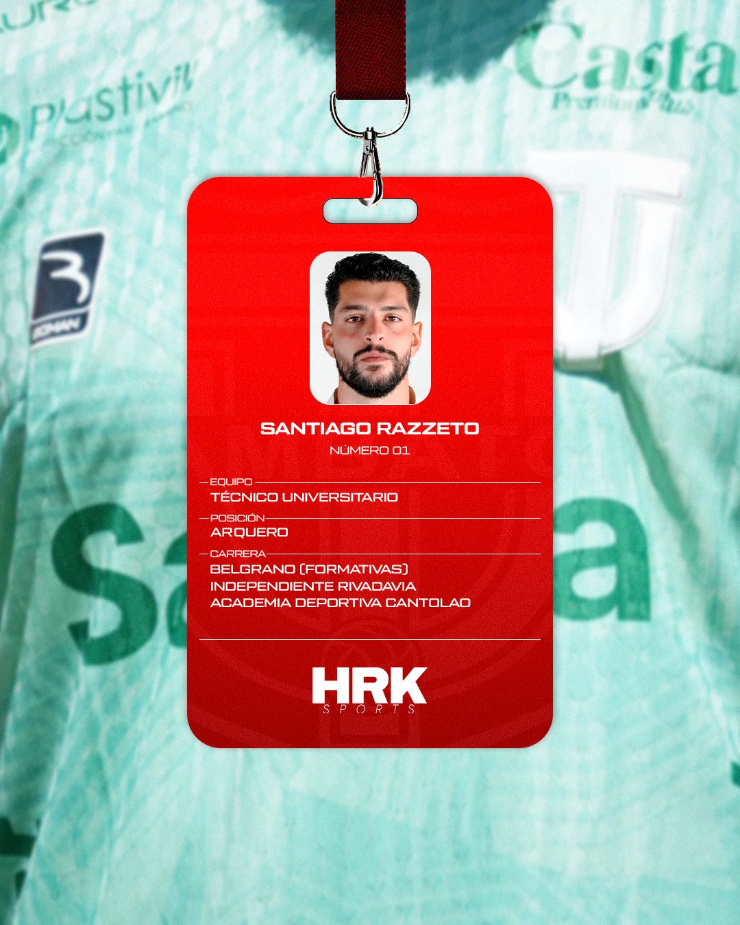 Credencial de Santiago Razzeto, número 01, arquero de Técnico Universitario